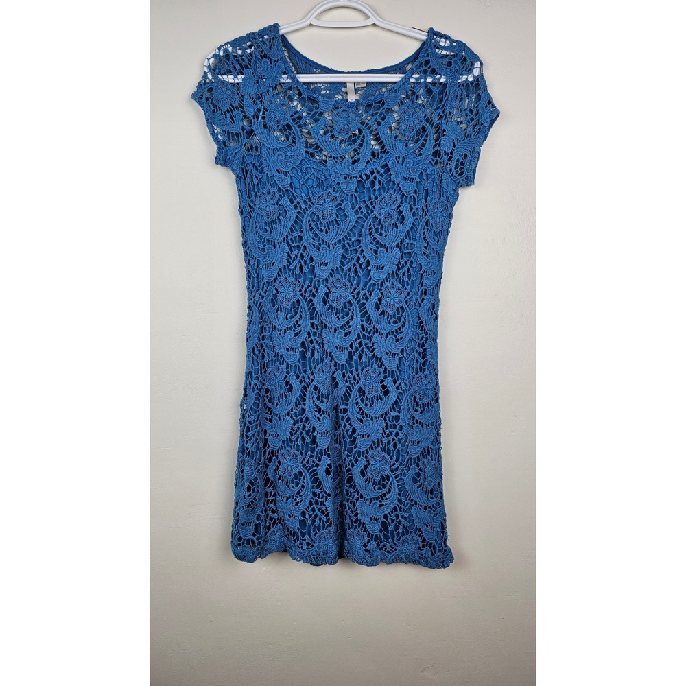 LC Lauren Conrad Dress Womens 6 Blue Crochet Lace Mini Sheath Floral Lined
